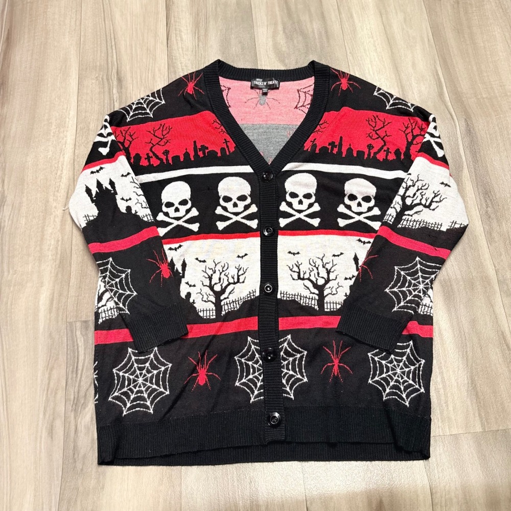Trickz N Treatz Halloween Skull Spiderweb Cardigan Sweater XL/XXL Red Black